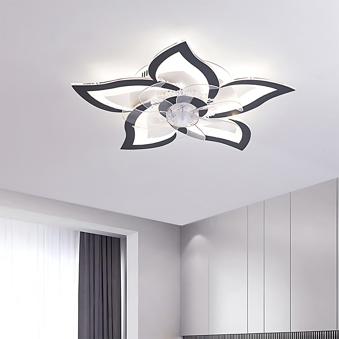 Flower-shaped LED ceiling light installed in modern white bedroom interior
