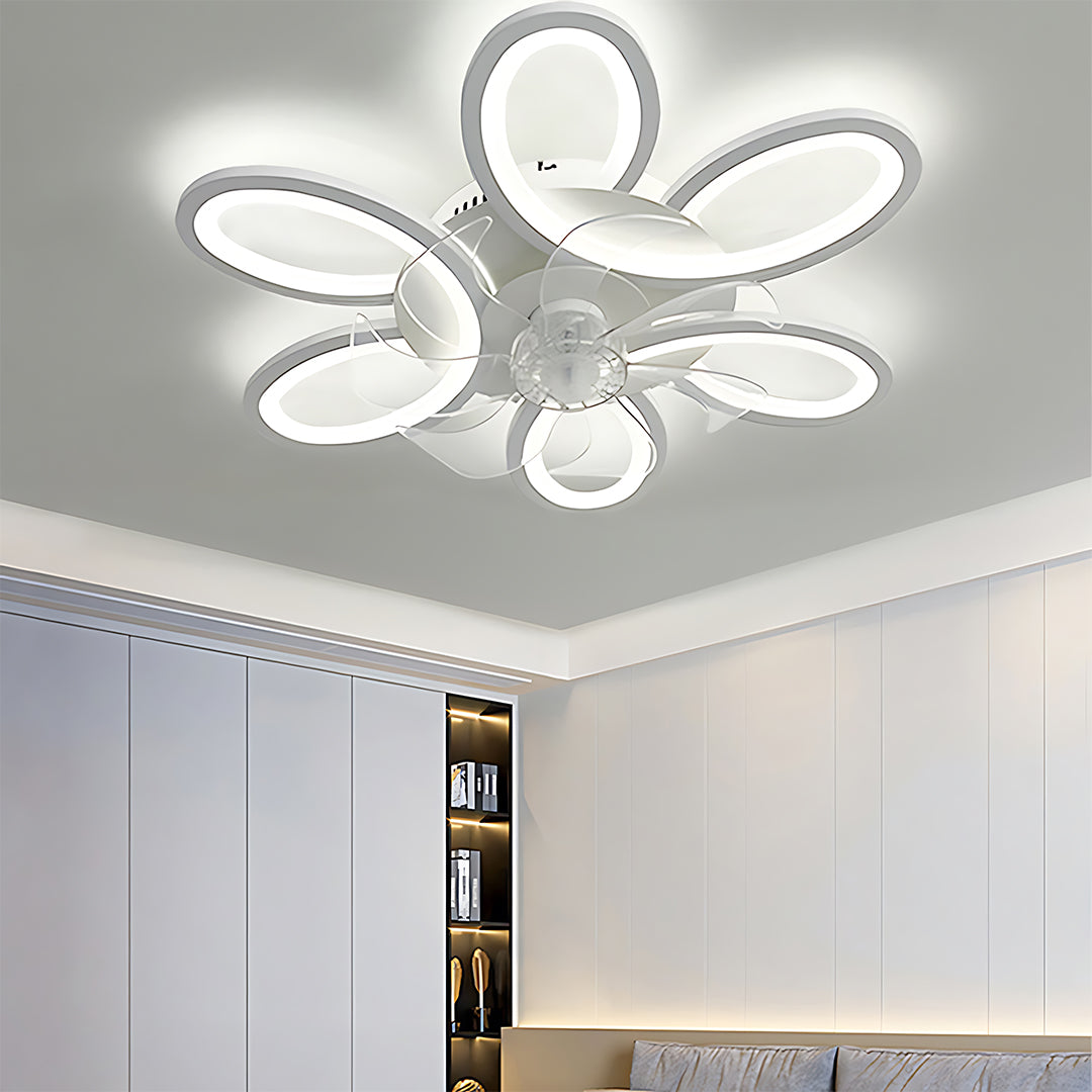 LED petal ceiling fixture in minimalist white interior with modern furniture