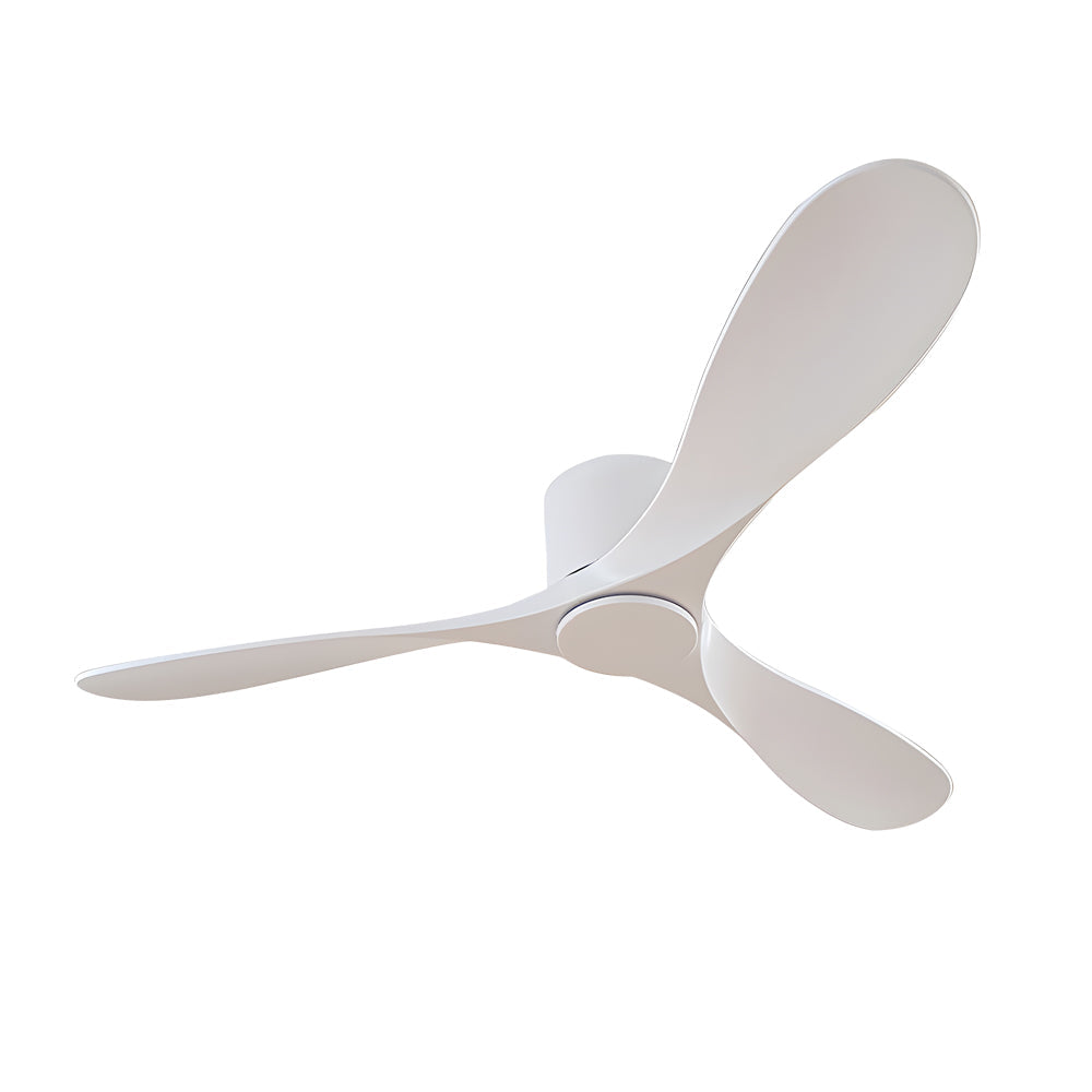 White ceiling fan with a minimalist design, highlighting its smooth and elegant structure.