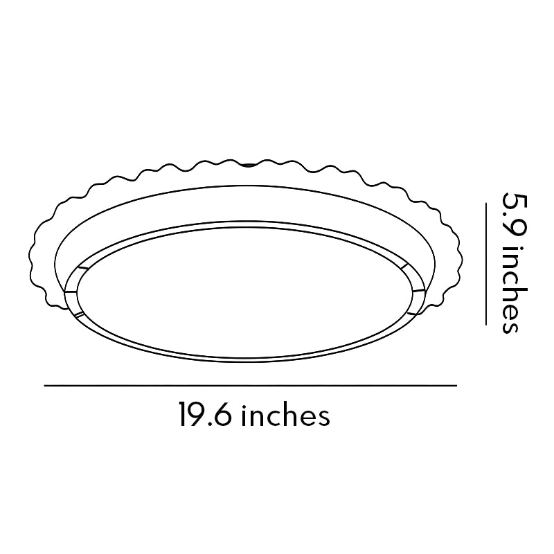 White ceiling fan with light dimension drawing showing a round flush mount design measuring 19.6 inches in diameter and 5.9 inches in height.