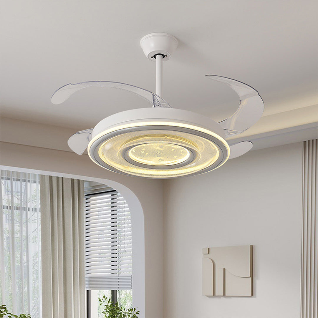 White ceiling fans with light providing elegant lighting solution in modern bedroom interior