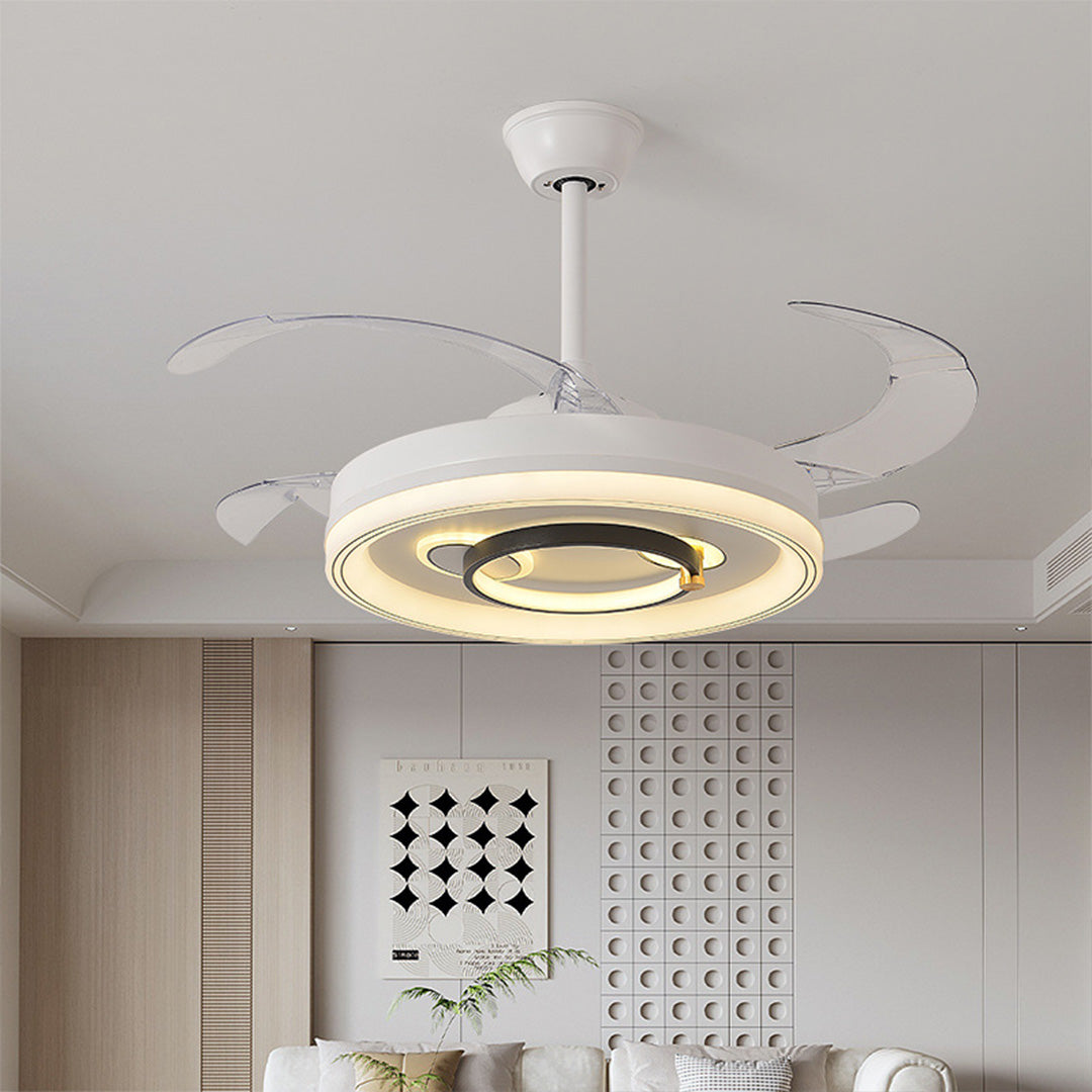 White ceiling fans with light installed in modern dining room creating comfortable atmosphere