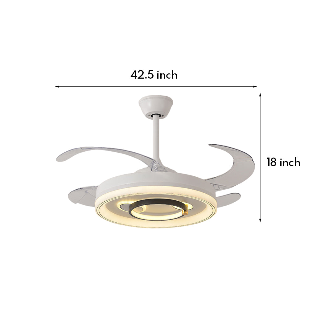 Technical specifications for modern white ceiling fans with light featuring retractable blade design
