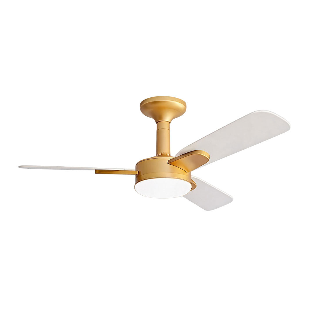 Copper ceiling fan with light featuring white blades and a warm gold-toned finish.
