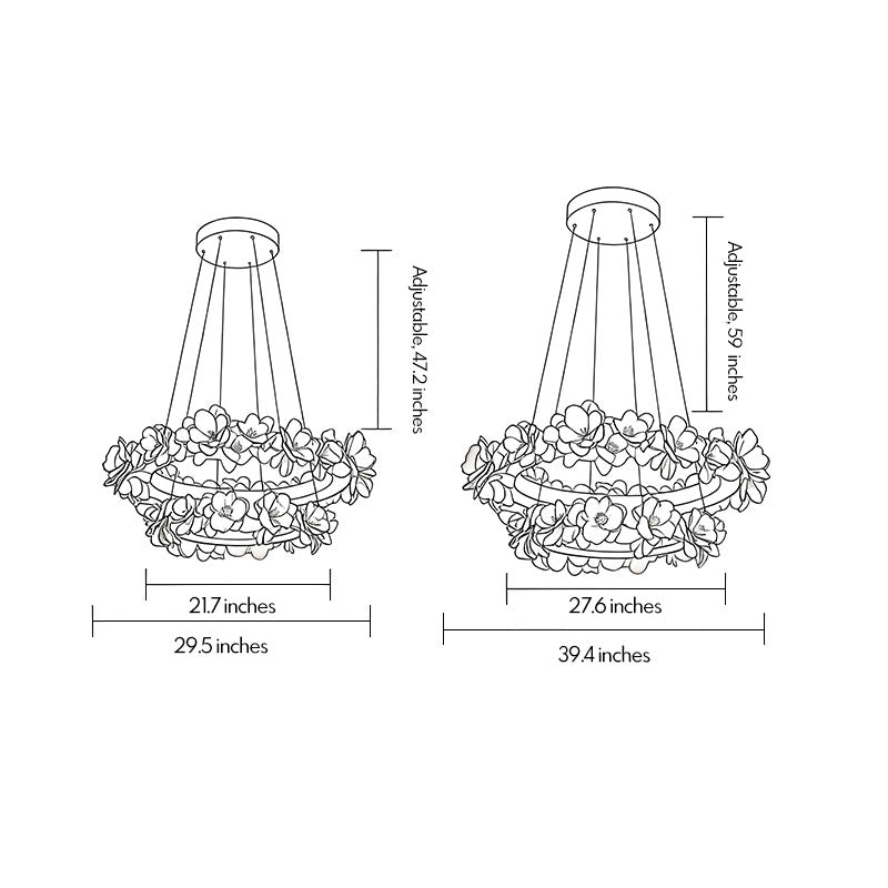 White dining room chandelier dimension drawing showing two floral ring designs and hanging measurements.