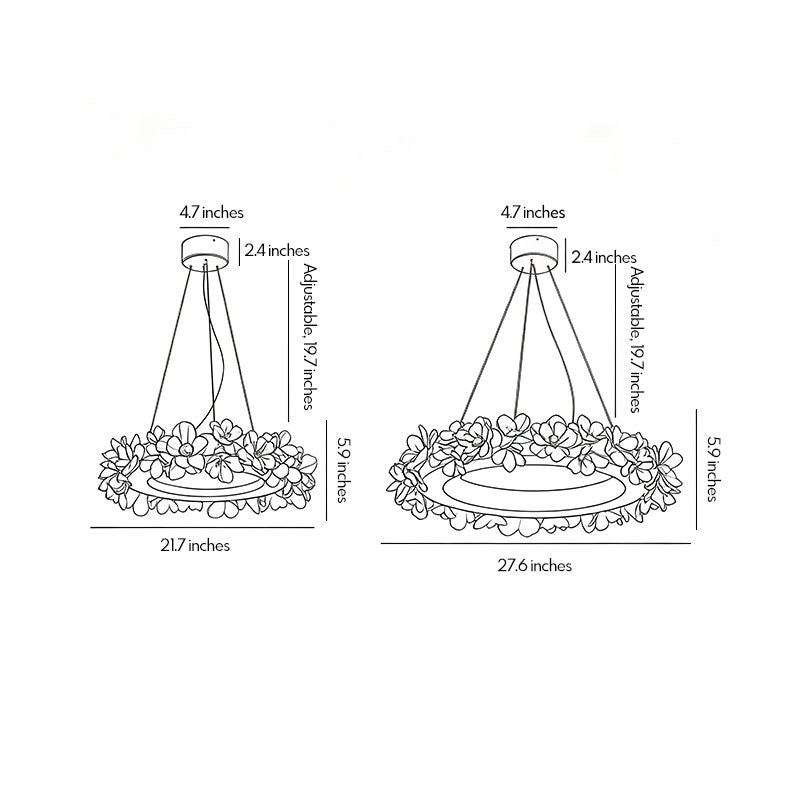 White dining room chandelier dimension drawing showing round and tiered fixture size options.