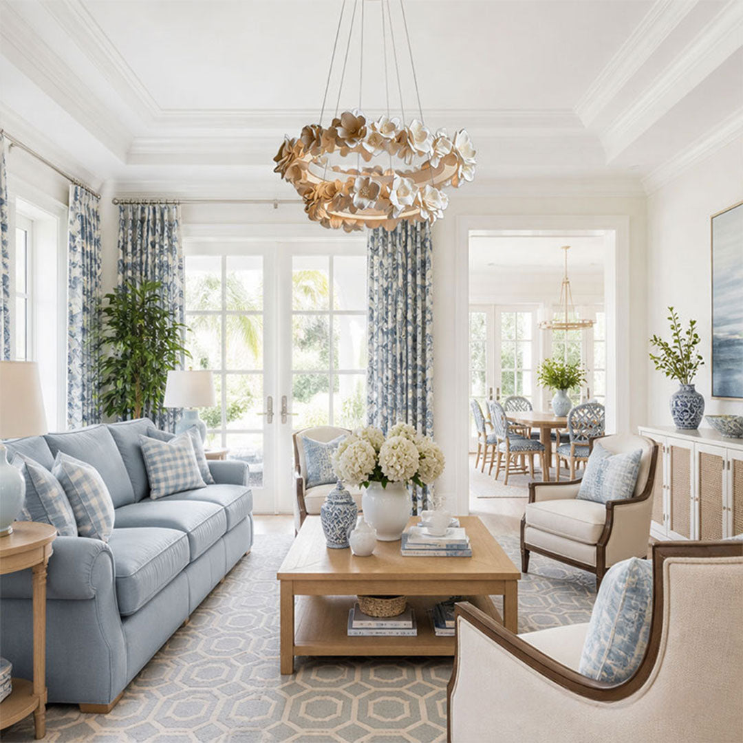 White dining room chandelier creating an elegant focal point in a bright contemporary living room.