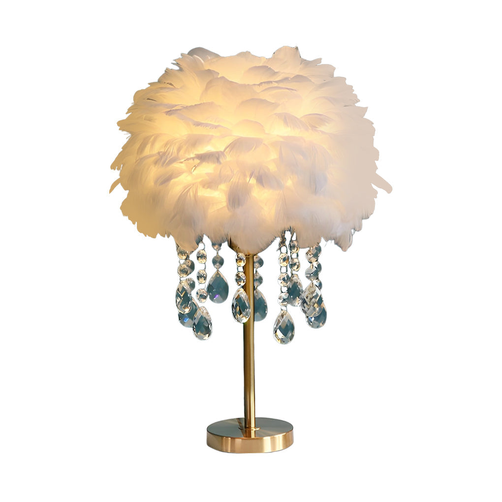 White feather table lamp product image with crystal drops on white background.