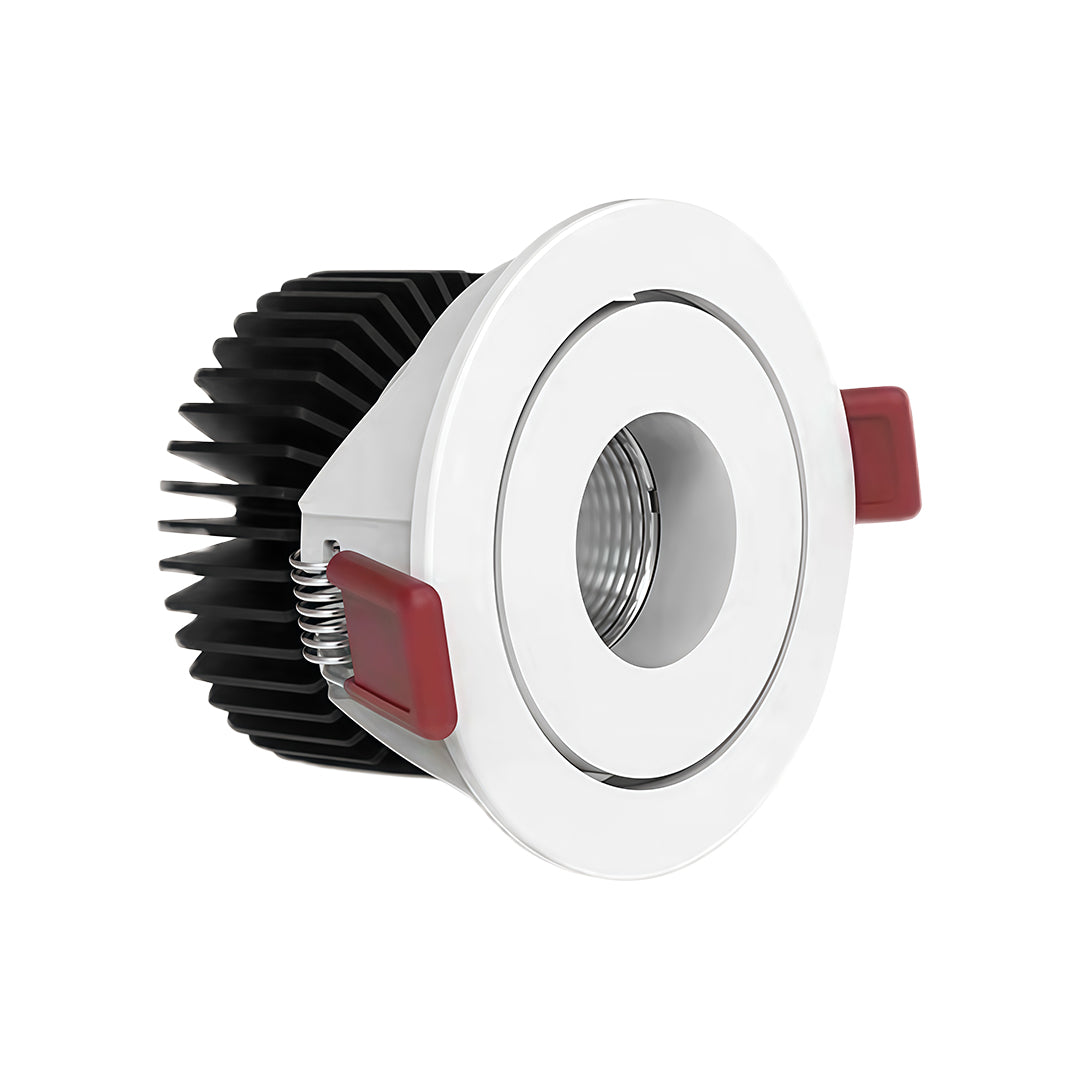 White finish model of the recessed modern spotlights fixture with a prominent red spring clip.