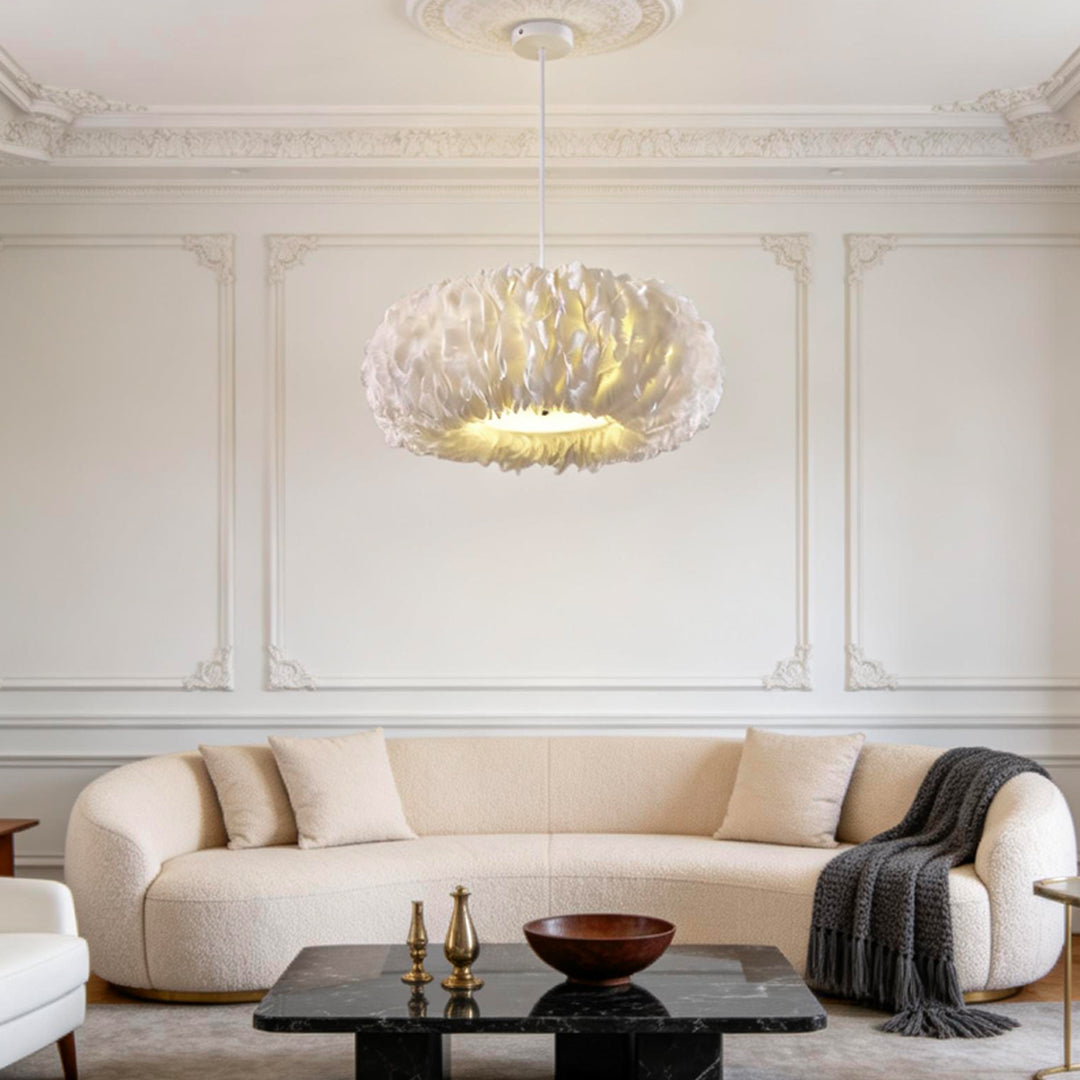 Elegant living room styled with a white fluffy hanging light creating soft and romantic ambient lighting.