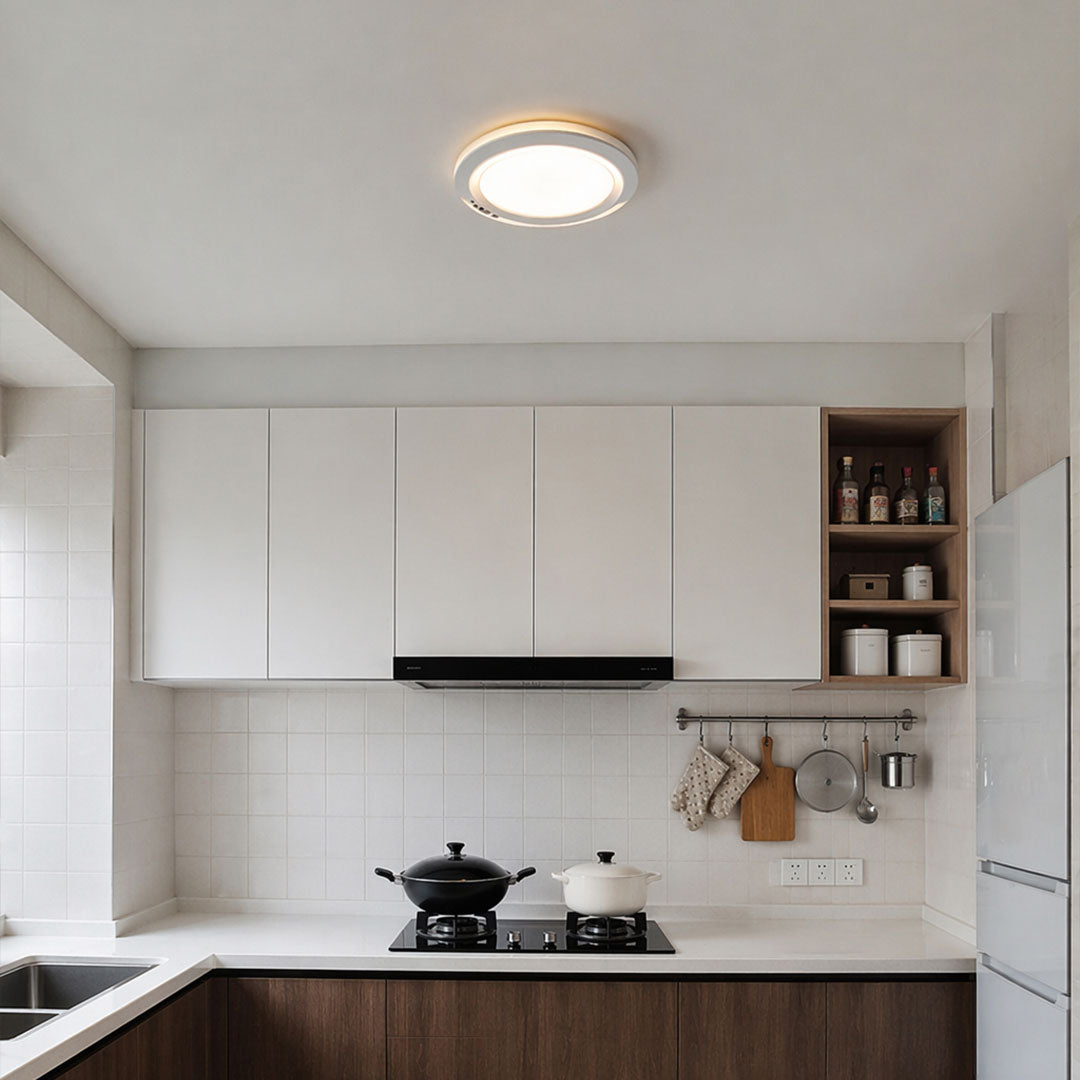 White flush mount ceiling light for kitchen ceiling with bright warm white illumination