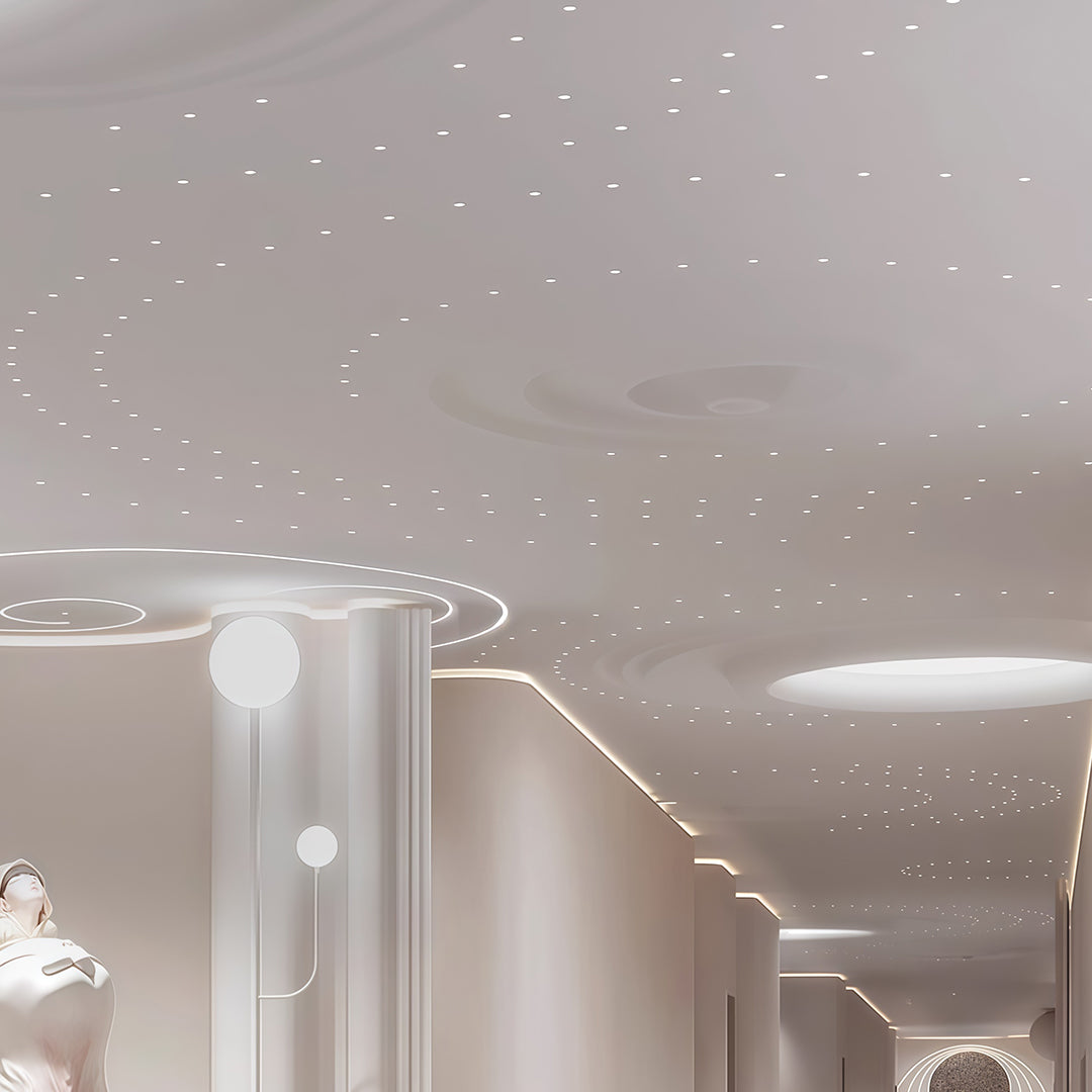 White flush-mount glass shade chandelier fixture with compact profile for low-ceiling applications.