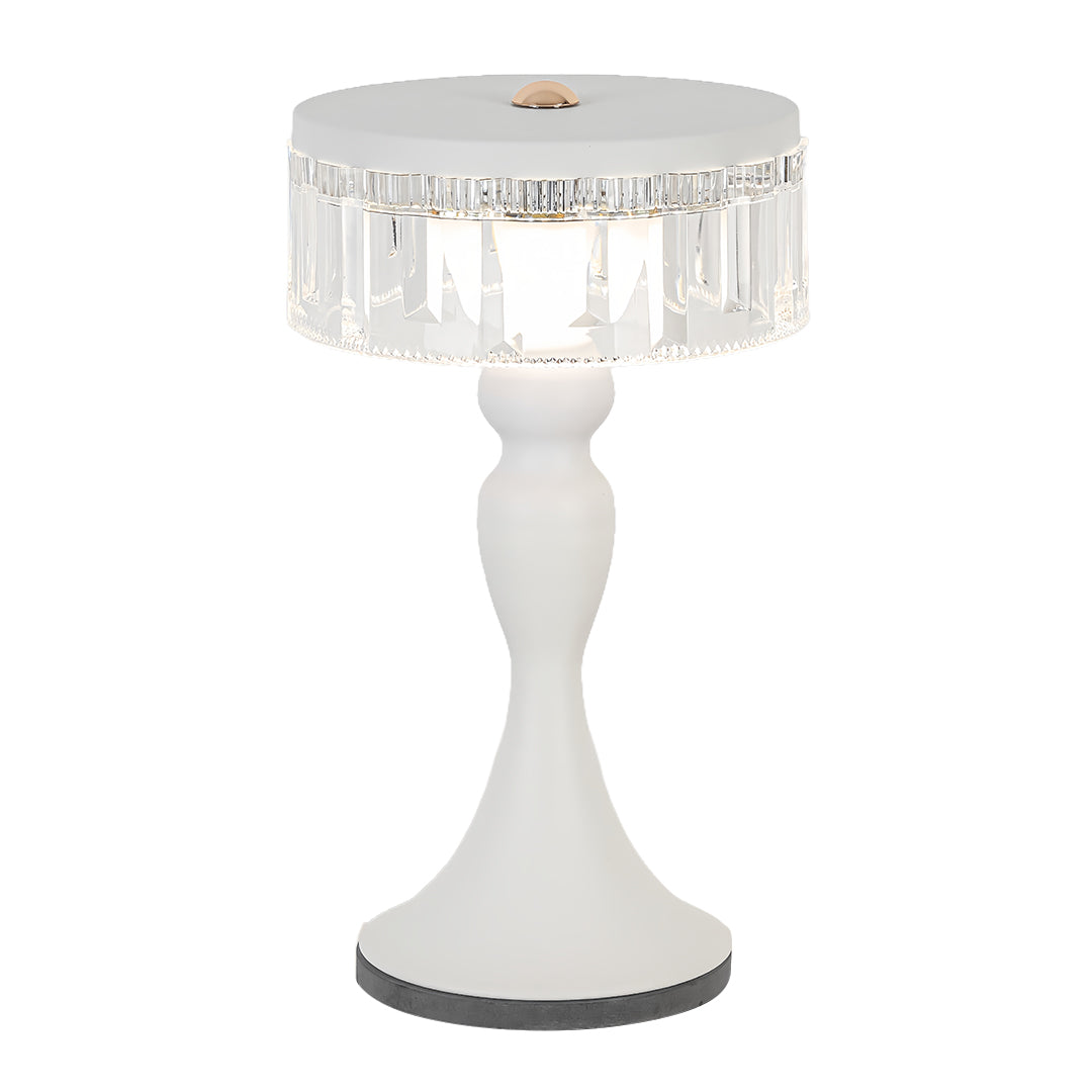 White forged iron table lamps style featuring a graceful stem and a sparkling crystal ring diffuser.