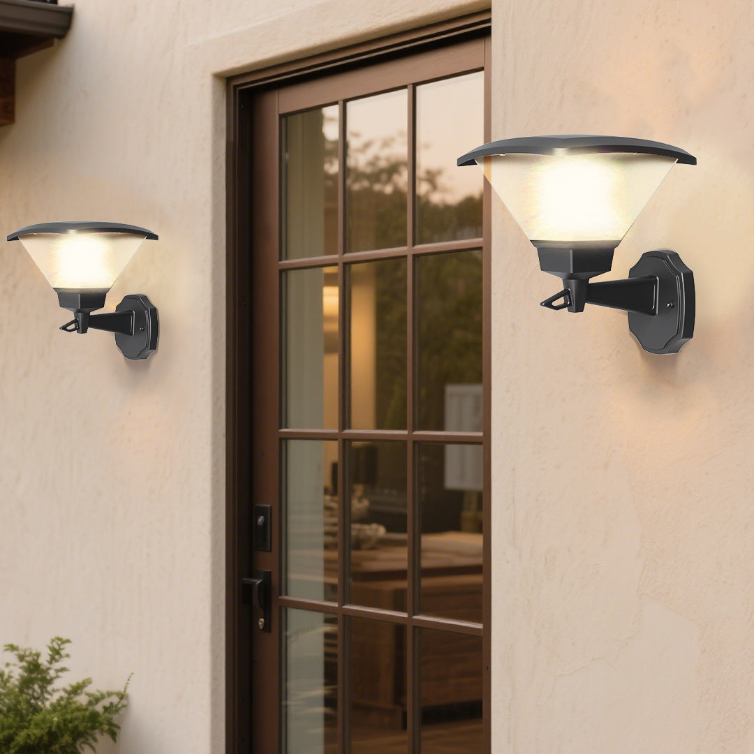 Modern home entrance with sophisticated wall-mounted fixtures providing welcoming ambient illumination