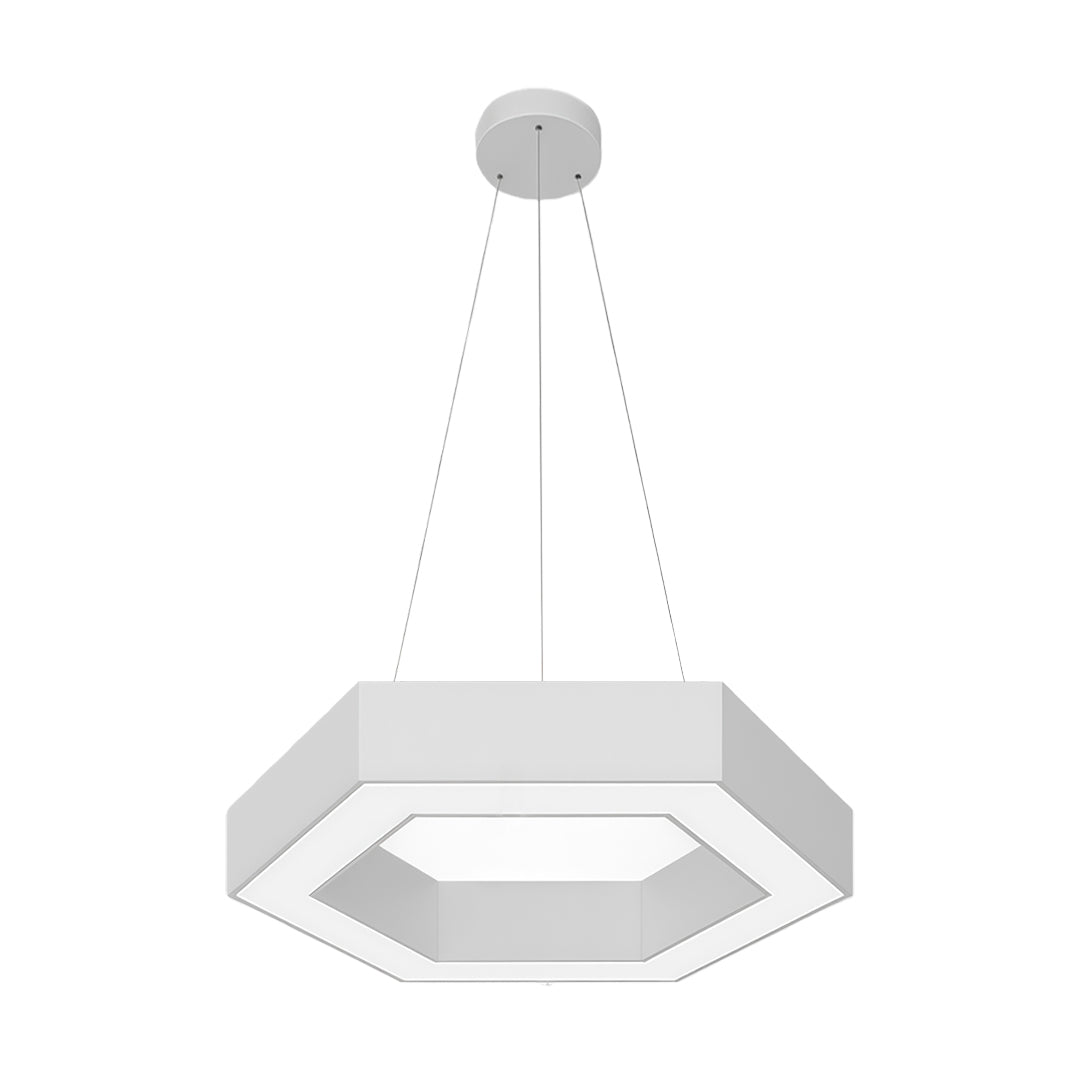 White geometric chandelier with clean lines and a minimalist design, adding sophistication to any modern space.