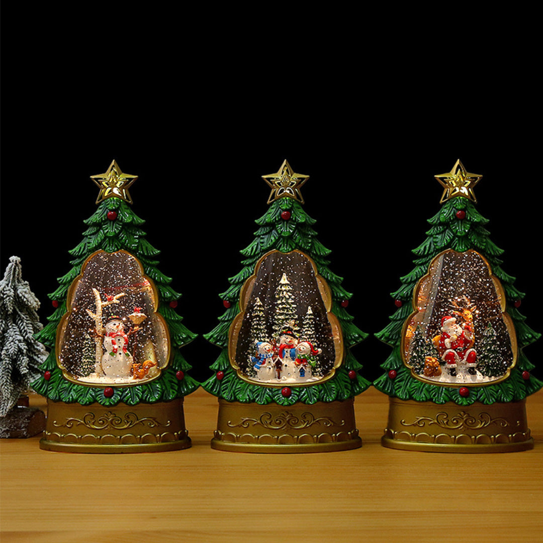 White glass table lamp arrangement with illuminated frosted domes and golden tree decorations for festive ambiance