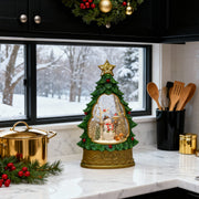 Collection of white glass table lamp pieces with frosted domes arranged with candles in warm holiday display