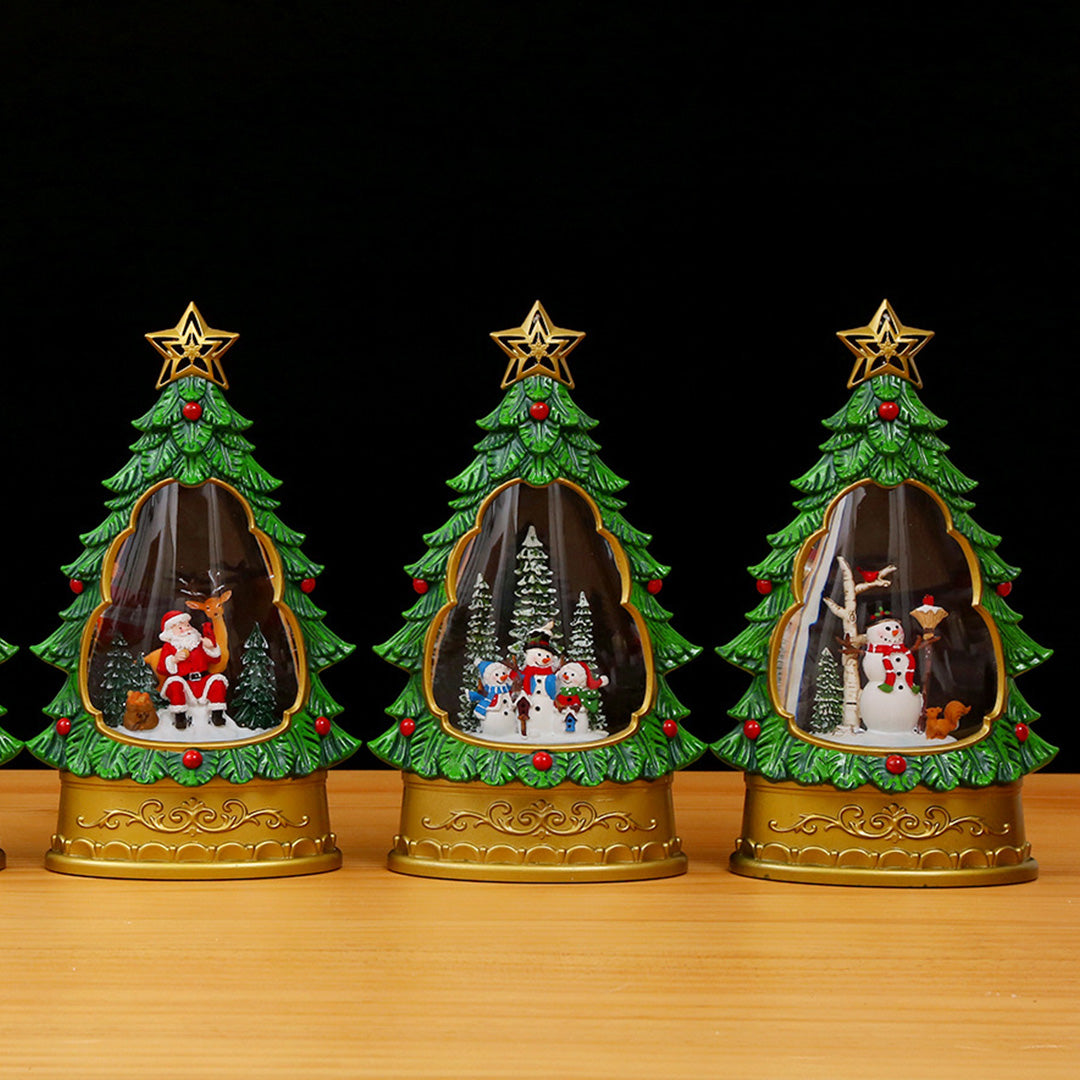 White glass table lamp collection featuring frosted covers with warm lighting and miniature winter scenes display