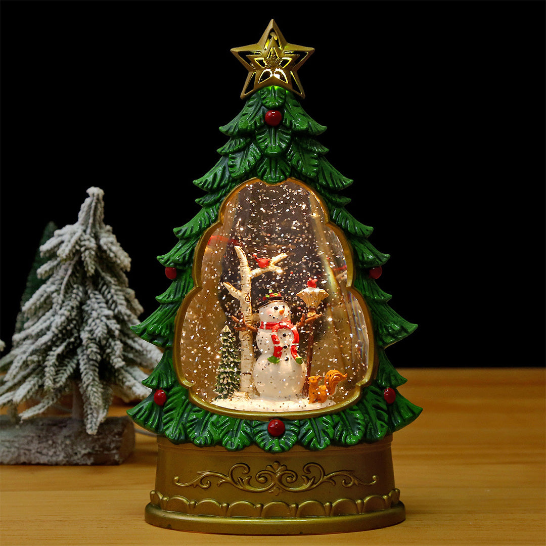 Multiple white glass table lamp displays with frosted covers and miniature scenes in cozy holiday setting