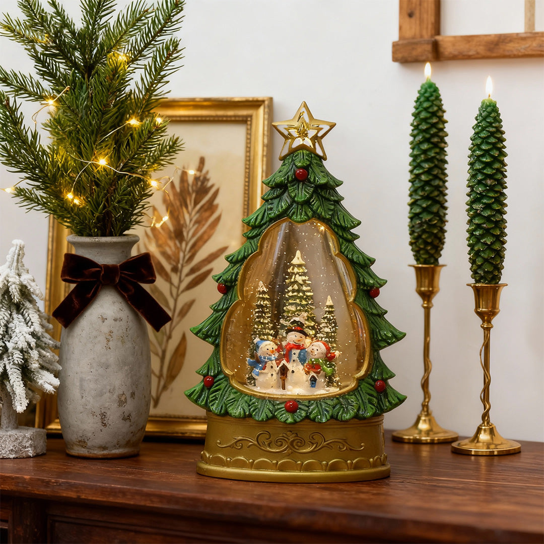 White glass table lamp with frosted dome showcasing miniature illuminated castle scene on wooden base