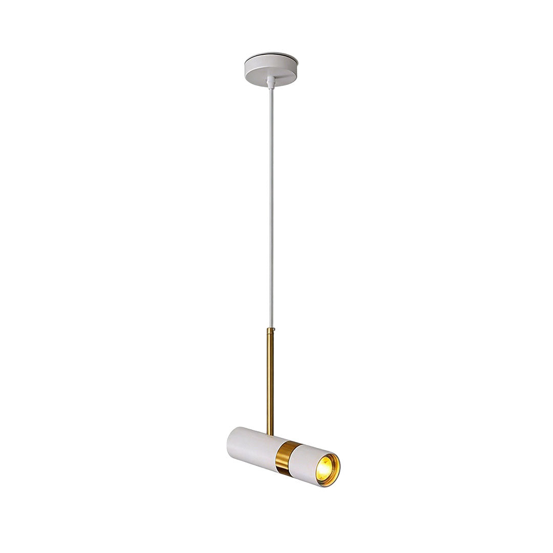 White and gold adjustable cylindrical pendant light isolated on a clean white studio background.