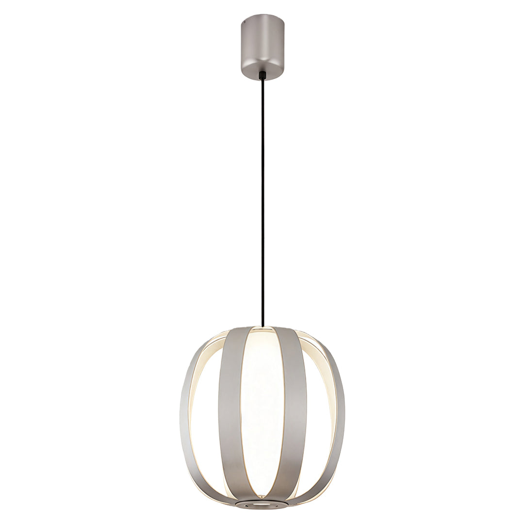 White lantern pendant light showcasing modern geometric vertical elements and round form.