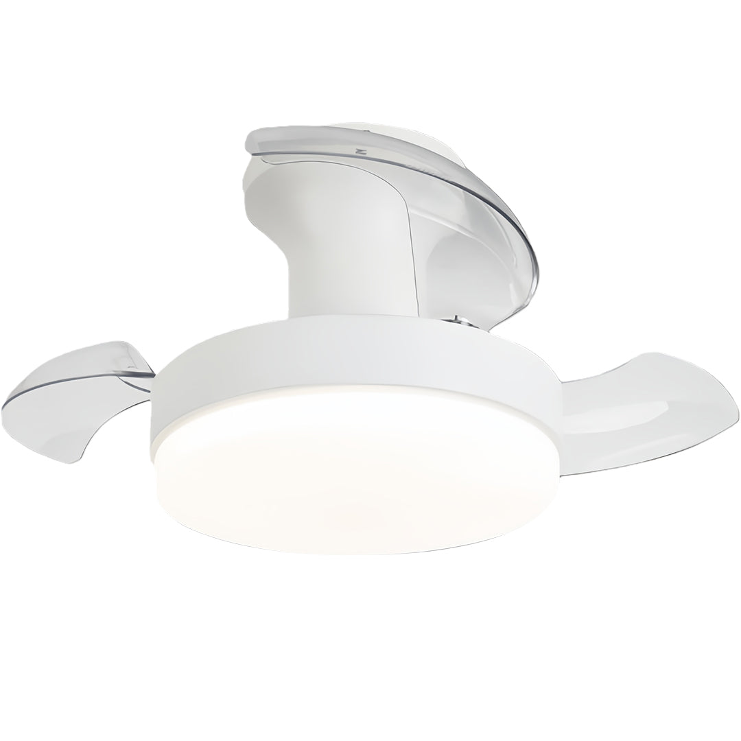 White LED ceiling fan with lights in modern style with retractable transparent blades and dome fixture