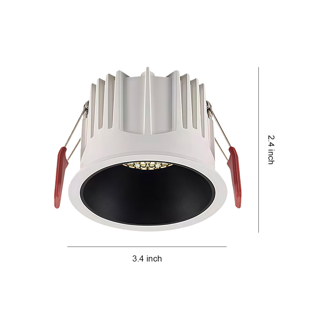 White led downlight recessed fixture with a black anti-glare baffle, showing product dimensions of 3.4 inches wide and 2.4 inches high.