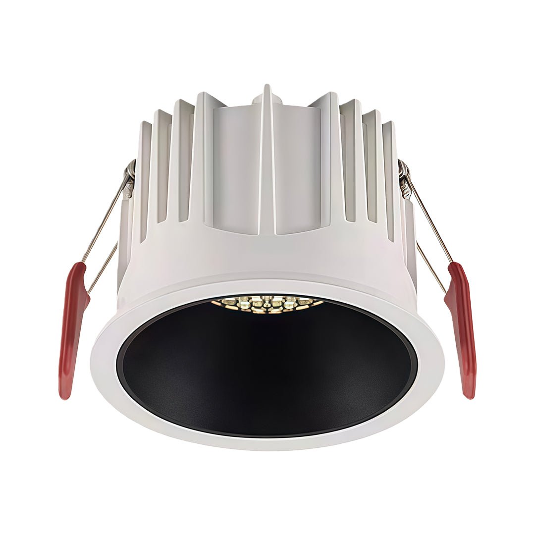 White led downlight recessed fixture with a black baffle, showing the powerful COB LED chip, isolated on white.