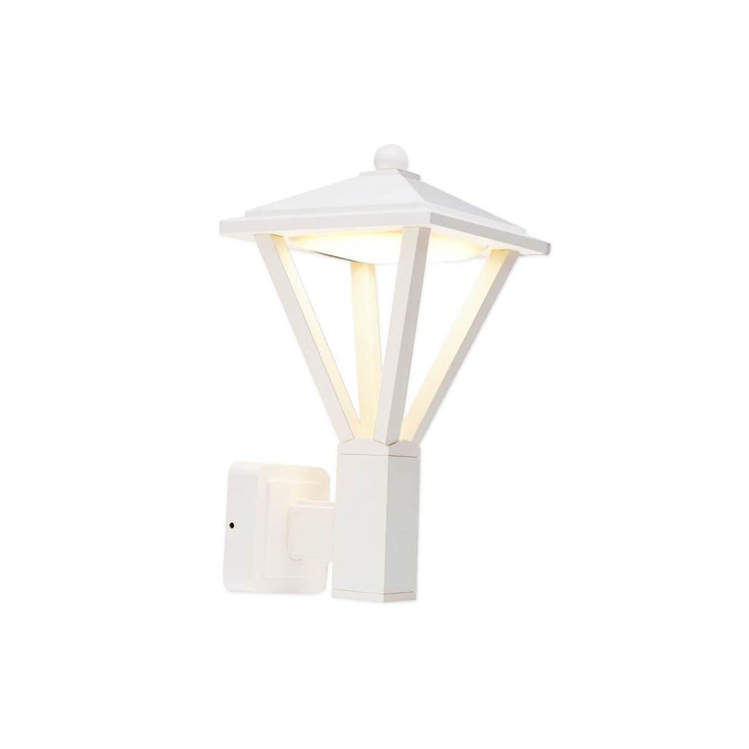 White minimalist outdoor lantern fixed on a wall, delivering soft downward lighting and demonstrating sleek wall mounted lights outdoor.