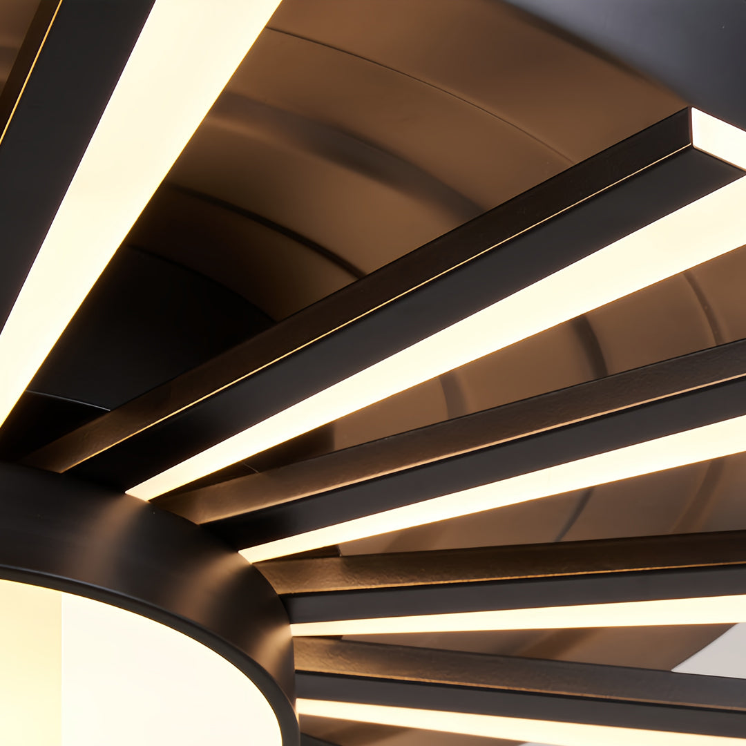 White modern ceiling fan with light brightening serene bedroom with neutral palette and sheer curtains