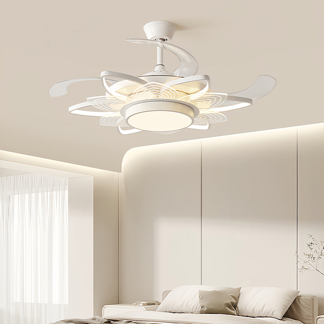 White modern ceiling fan with light installed in bright minimalist bedroom with cove lighting