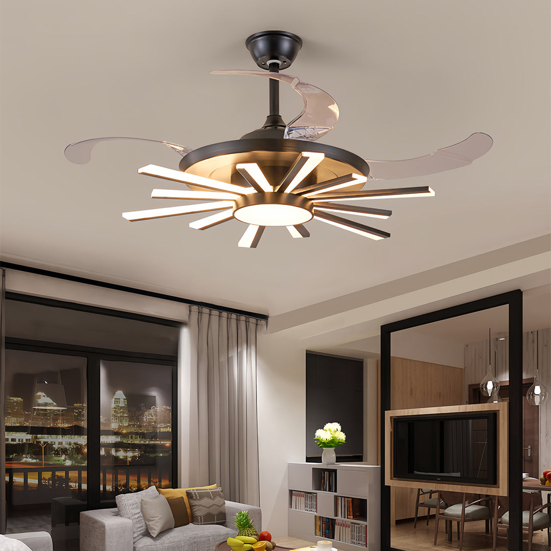 White modern ceiling fan with light installed in bright minimalist bedroom with cove lighting