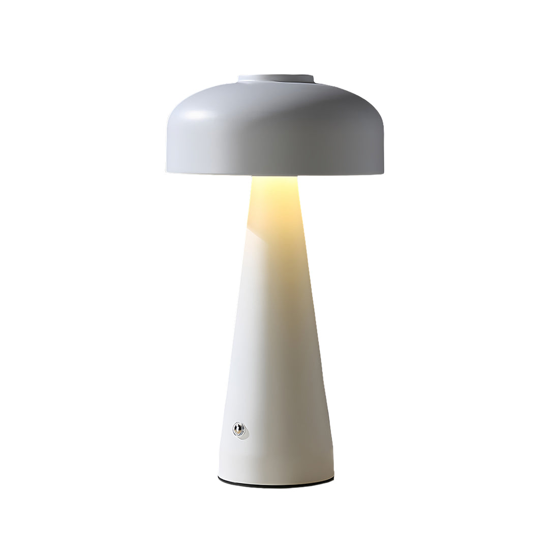 Contemporary small black pendant light featuring elegant white mushroom table lamp with conical base