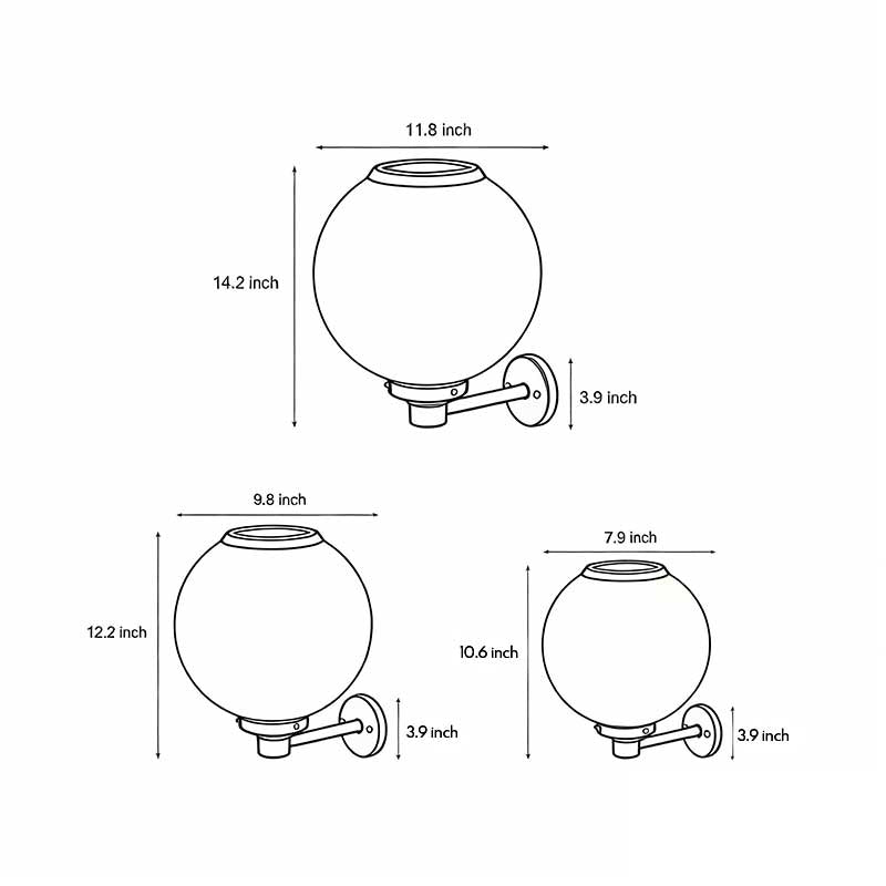 Technical diagram showing dimensions and structure of white outdoor globe wall sconce models.