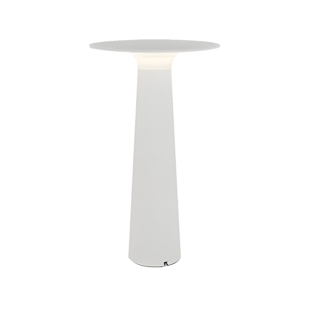 White outdoor led table lamp with simple cylindrical shape and flat top on white background.