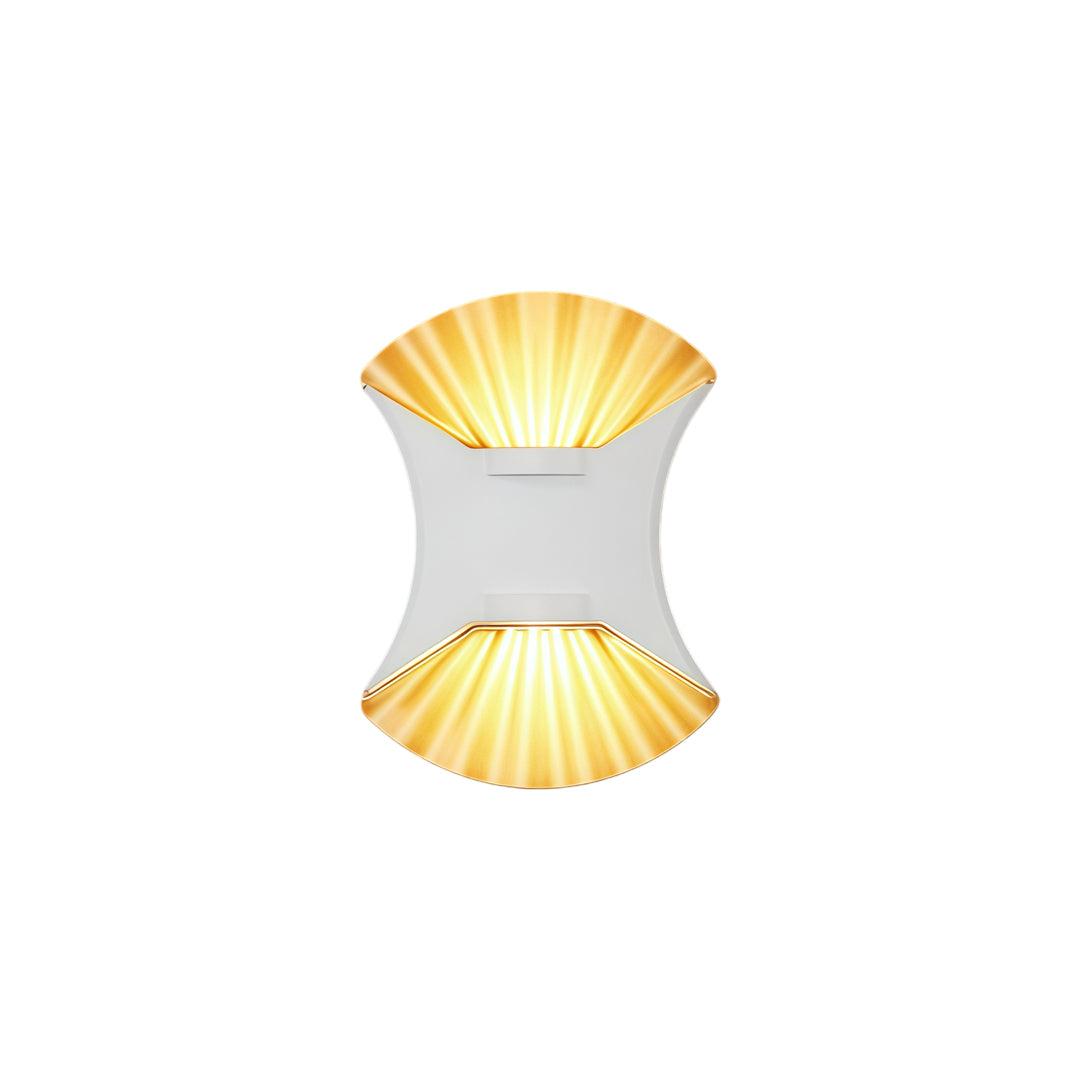 White outdoor up down wall light featuring sculptural curved design and soft warm illumination.