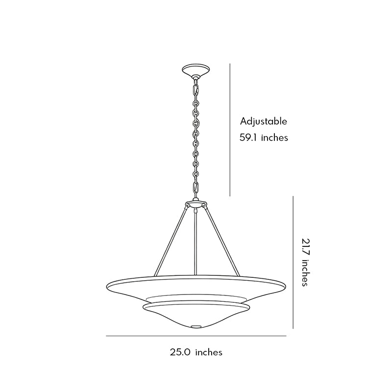 White plaster chandelier dimension drawing displaying adjustable hanging height and fixture size.