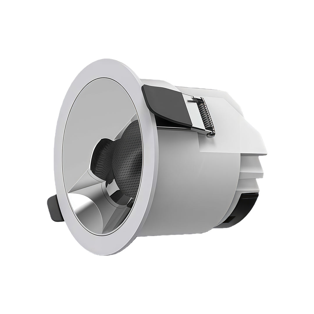 White recessed spotlight with deep housing and directional beam control for accent lighting