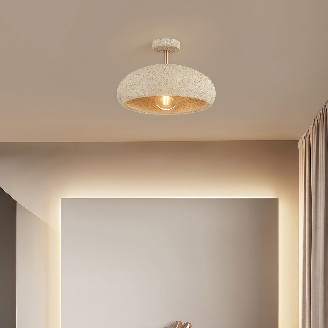 White semi flush ceiling lights in a cozy bedroom, enhancing the room with warm and gentle lighting.