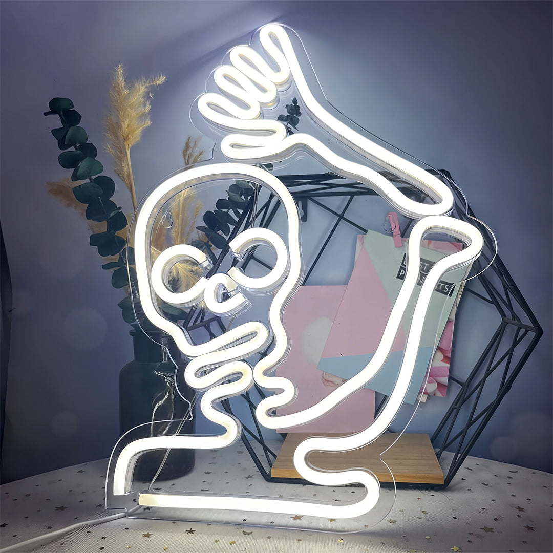 White LED halloween neon lights shaped as a ghostly skeleton for indoor wall or tabletop decoration.