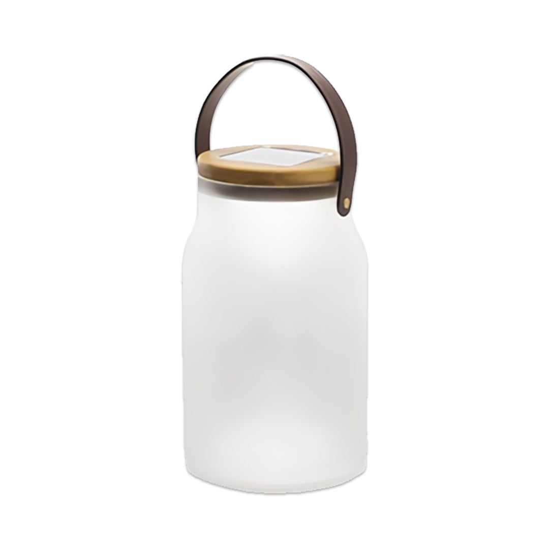 Compact white solar powered camp lantern featuring a warm ambient glow and modern portable design.