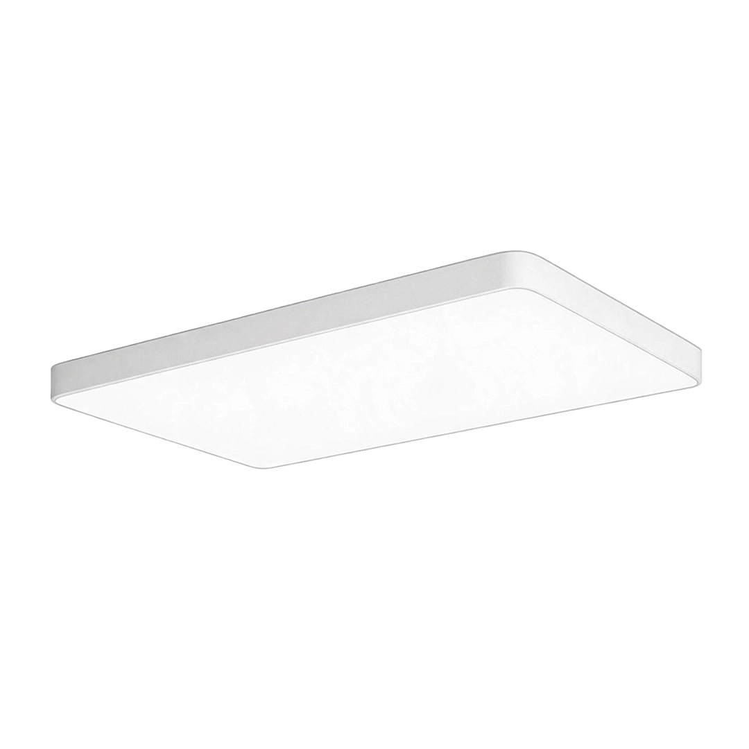White square ceiling light shown from an angled view with a low-profile frame and bright integrated diffuser.