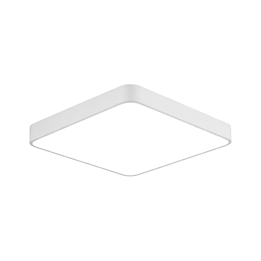 White square ceiling light isolated on a white background with a slim rounded frame and flat diffuser panel.