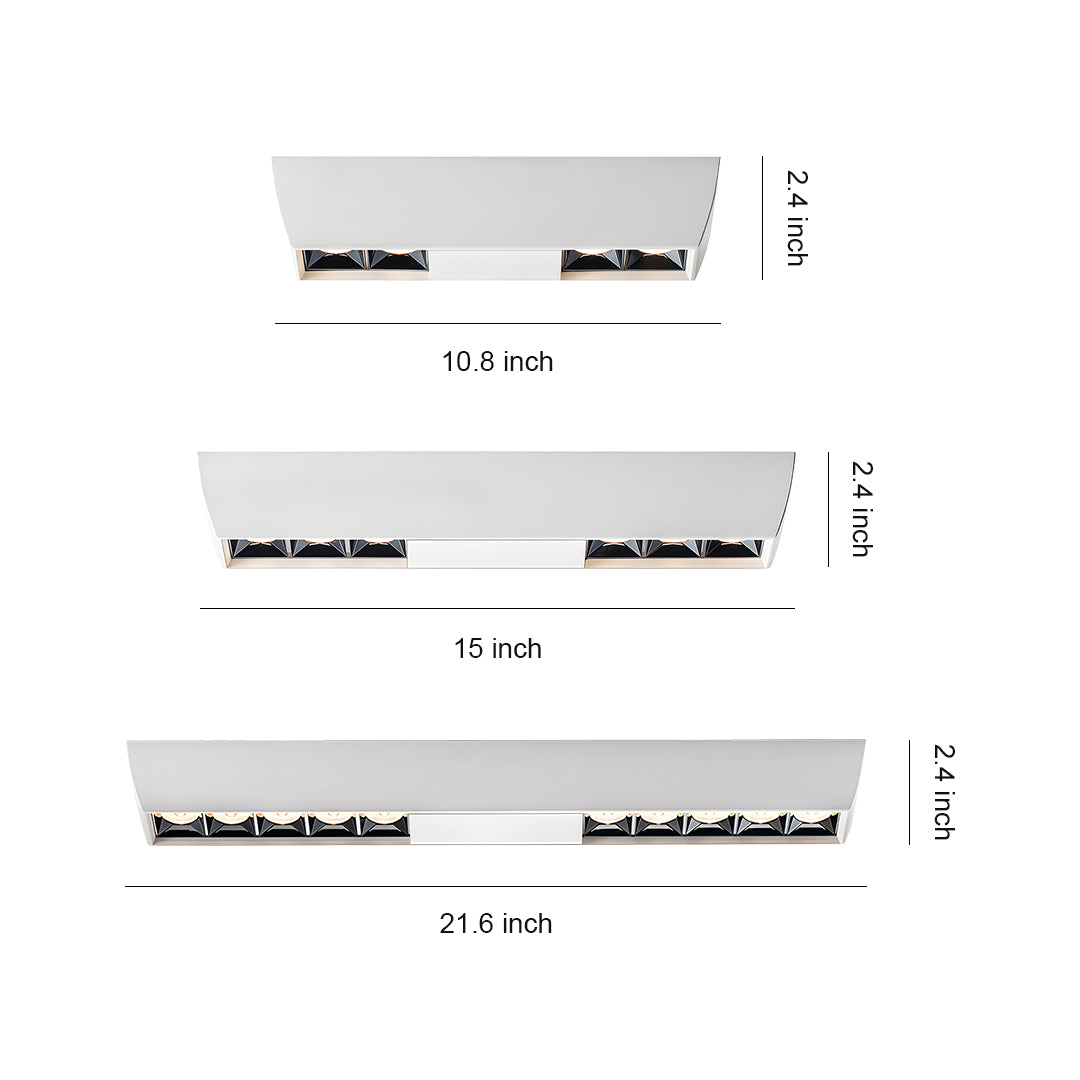 Dimension chart for white square downlights fixtures, showing three length options: 10.9, 16, and 21.8 inches.
