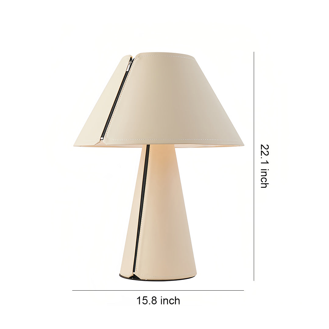 White table lamp with conical shade and modern geometric base showing technical dimensions