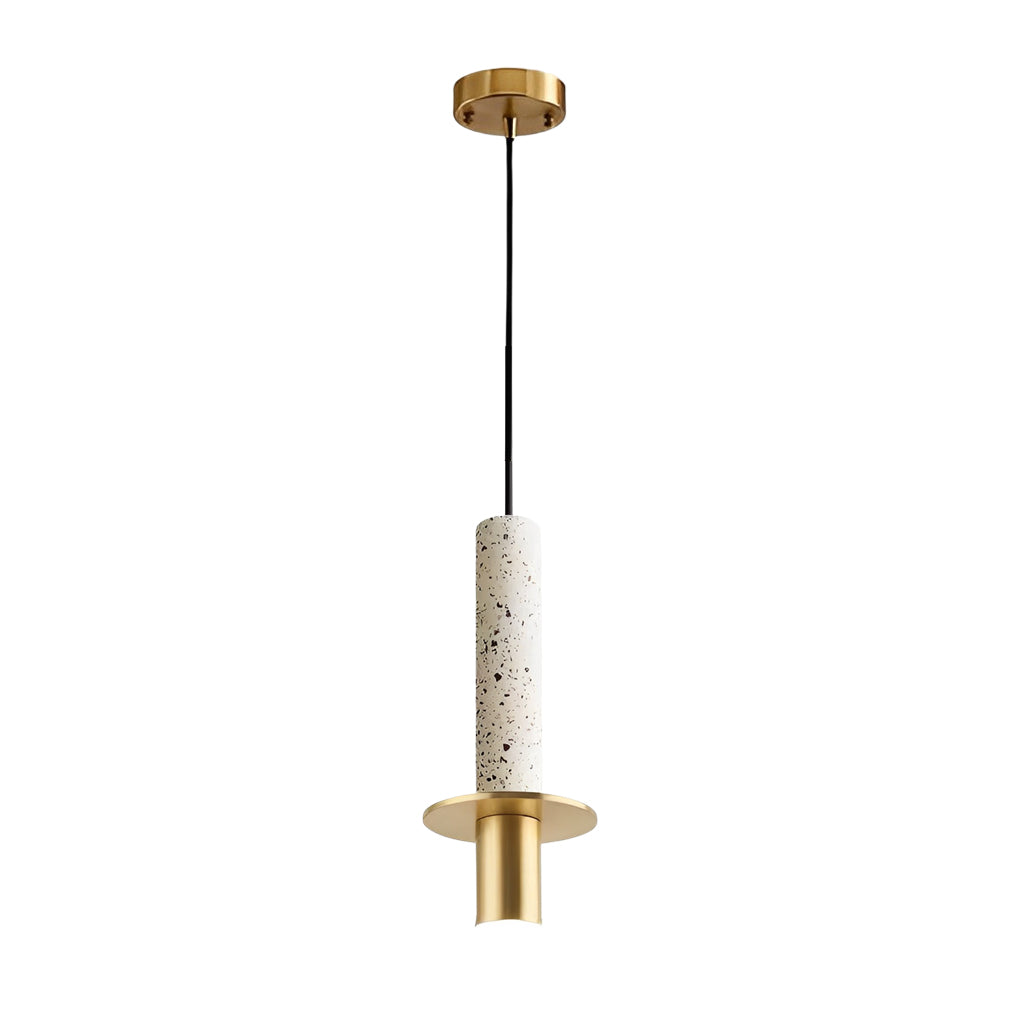 Elegant single white terrazzo cylinder pendant light with gold metal accents on white backdrop.