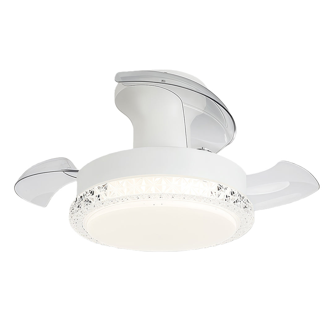 White three blade ceiling fan with light displaying foldable clear acrylic blades and integrated LED.