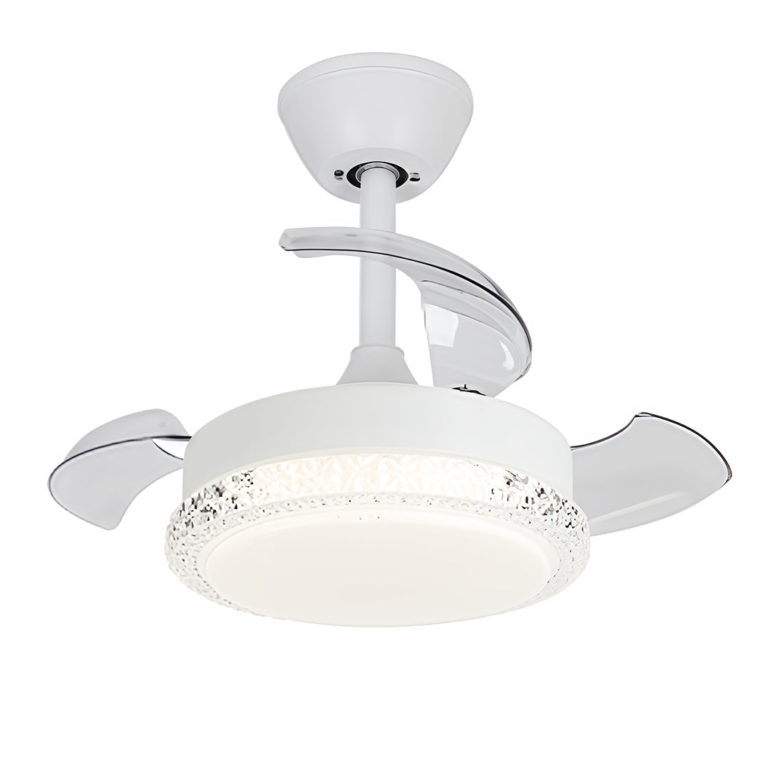 White three blade ceiling fan with light demonstrating modern minimalist design with hidden blades.