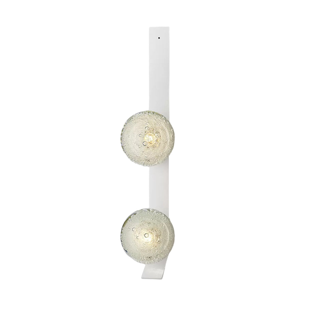 White wall-mounted light fixture with dual spherical glass shades for modern interior illumination